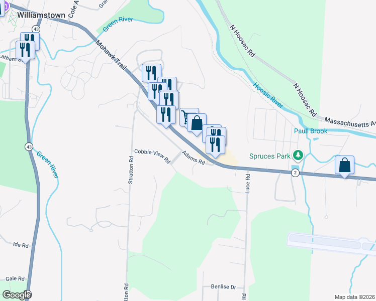 map of restaurants, bars, coffee shops, grocery stores, and more near 295 Main Street in Williamstown