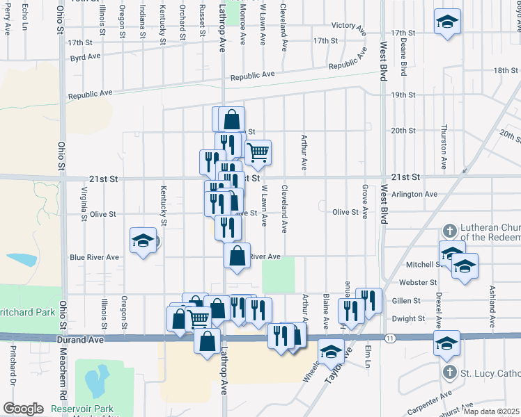 map of restaurants, bars, coffee shops, grocery stores, and more near 2120 West Lawn Avenue in Racine