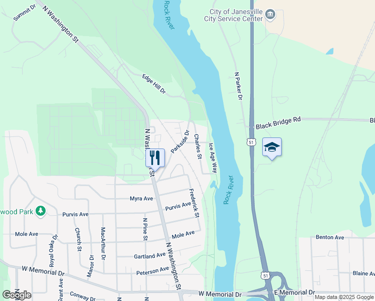 map of restaurants, bars, coffee shops, grocery stores, and more near 1223 Elgin Avenue in Janesville