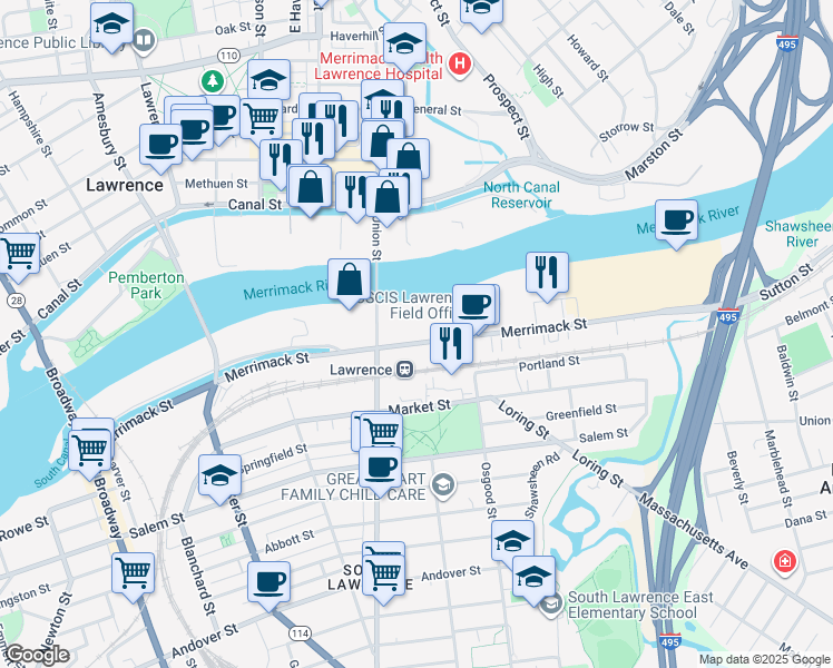 map of restaurants, bars, coffee shops, grocery stores, and more near 2 South Union Street in Lawrence
