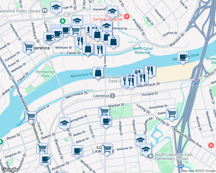 map of restaurants, bars, coffee shops, grocery stores, and more near 2 South Union Street in Lawrence