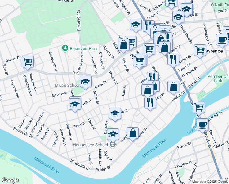 map of restaurants, bars, coffee shops, grocery stores, and more near 414 Lowell Street in Lawrence