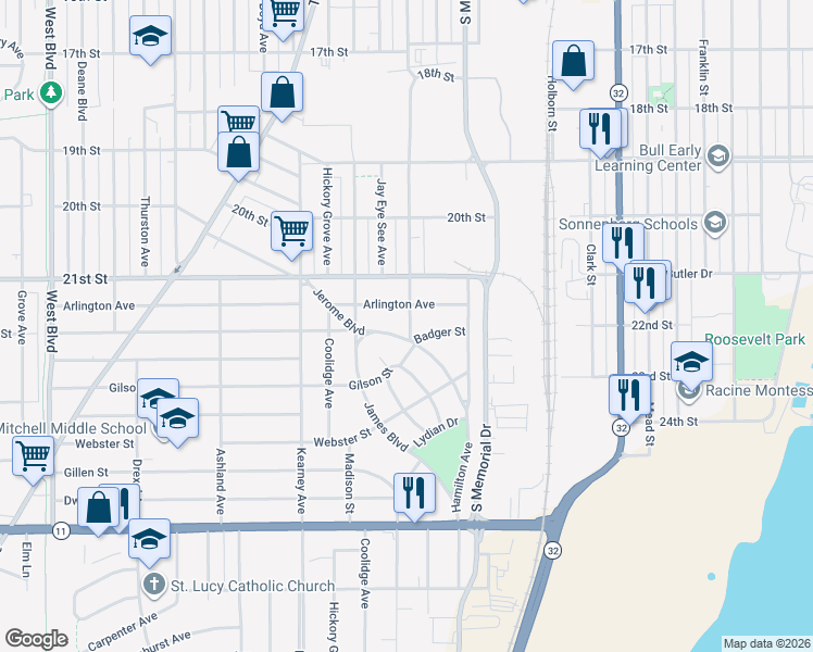 map of restaurants, bars, coffee shops, grocery stores, and more near 1912 Arlington Avenue in Racine