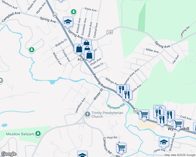map of restaurants, bars, coffee shops, grocery stores, and more near 651 Pawling Avenue in Troy