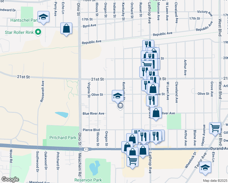 map of restaurants, bars, coffee shops, grocery stores, and more near 4300 Olive Street in Racine