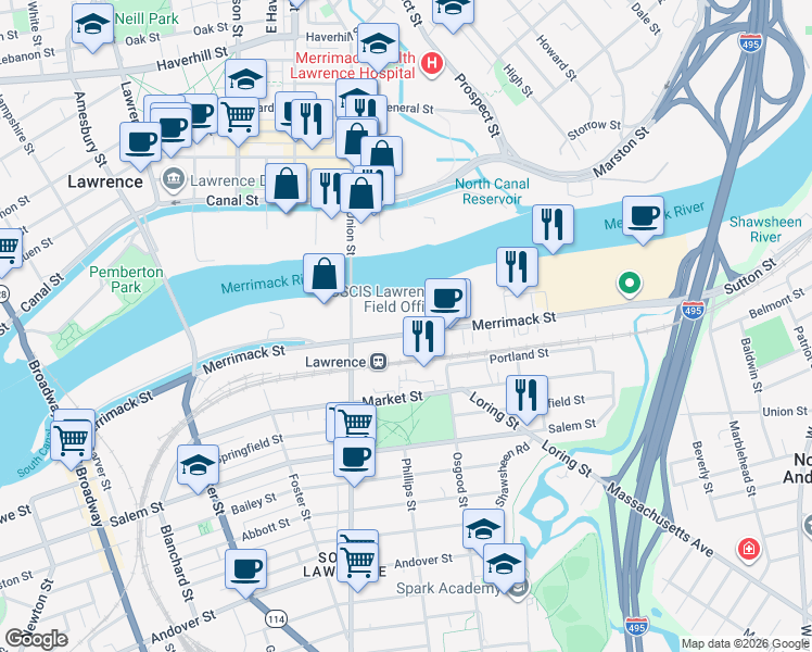 map of restaurants, bars, coffee shops, grocery stores, and more near 220 Merrimack Street in Lawrence