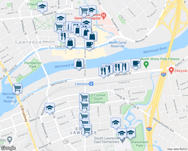 map of restaurants, bars, coffee shops, grocery stores, and more near 2 South Union Street in Lawrence