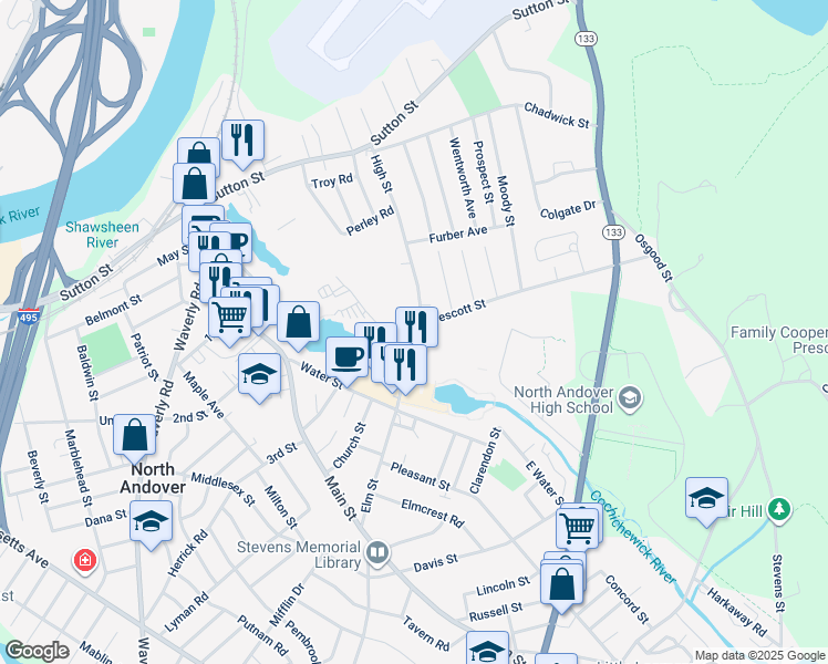 map of restaurants, bars, coffee shops, grocery stores, and more near 30 High Street in North Andover