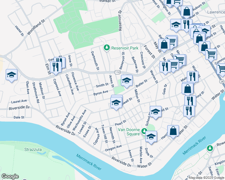 map of restaurants, bars, coffee shops, grocery stores, and more near 3 Byron Avenue in Lawrence