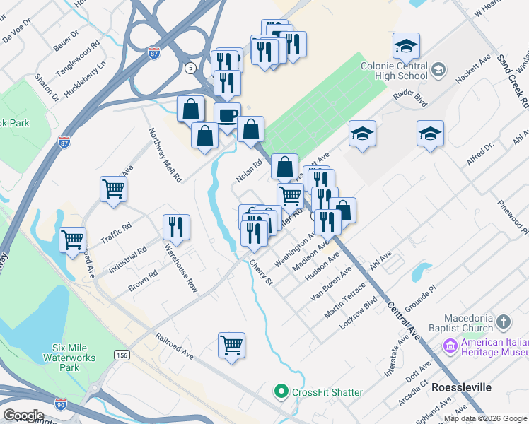 map of restaurants, bars, coffee shops, grocery stores, and more near 10 Pinehurst Road in Albany