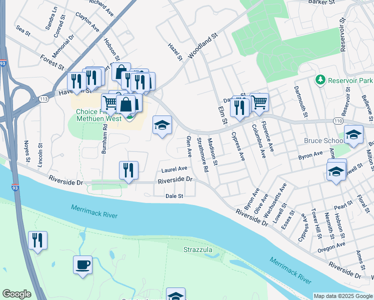 map of restaurants, bars, coffee shops, grocery stores, and more near 6 Strathmore Road in Methuen