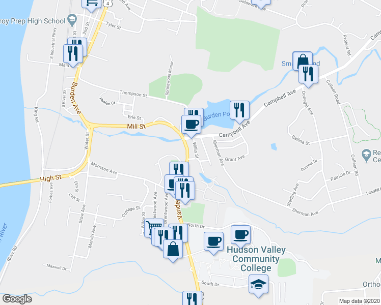 map of restaurants, bars, coffee shops, grocery stores, and more near 2 Campbell Avenue in Troy
