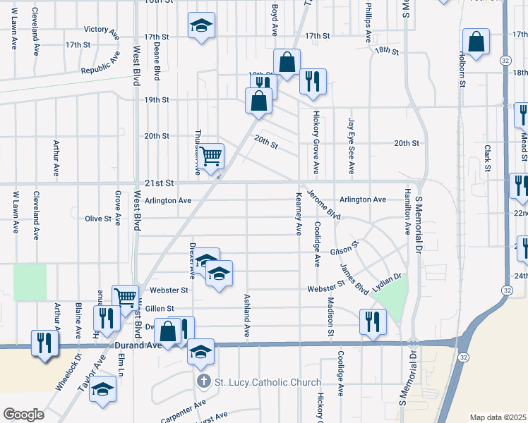 map of restaurants, bars, coffee shops, grocery stores, and more near 2416 Arlington Avenue in Racine