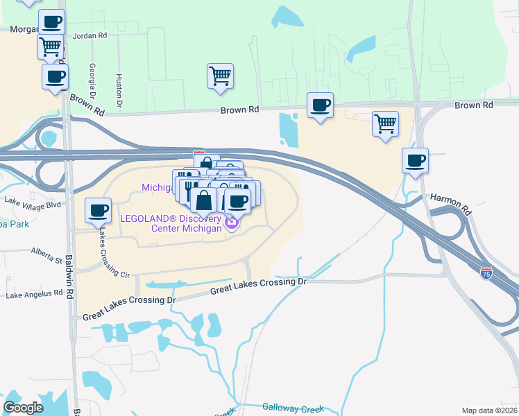 map of restaurants, bars, coffee shops, grocery stores, and more near 4300 Baldwin Road in Auburn Hills