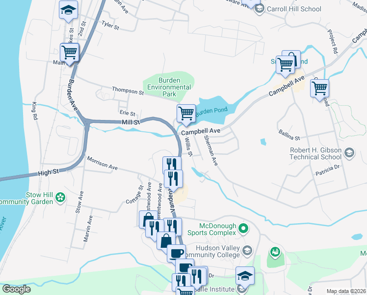map of restaurants, bars, coffee shops, grocery stores, and more near 2 Campbell Avenue in Troy