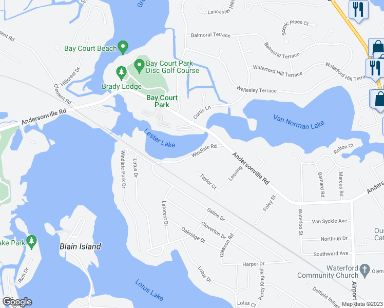 map of restaurants, bars, coffee shops, grocery stores, and more near 6615 Windiate Road in Waterford Township