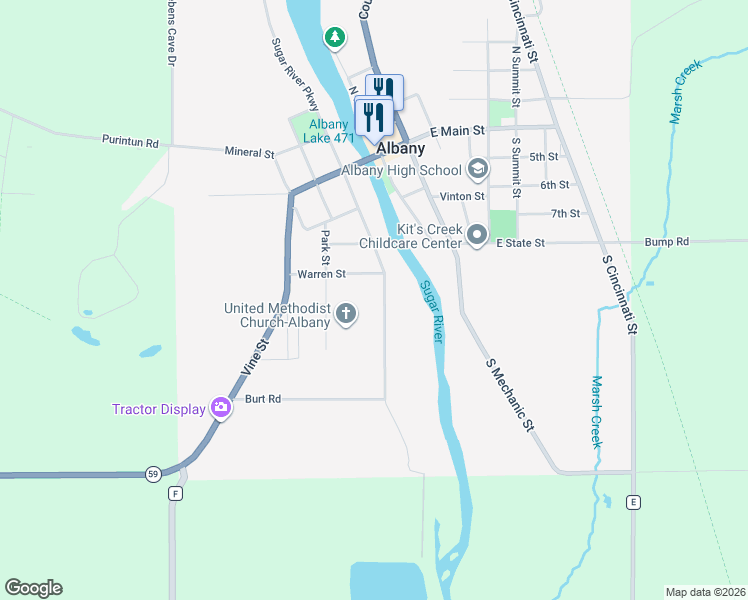 map of restaurants, bars, coffee shops, grocery stores, and more near 405 South Mill Street in Albany