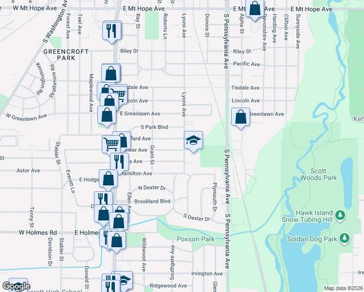 map of restaurants, bars, coffee shops, grocery stores, and more near 798 East Willard Avenue in Lansing
