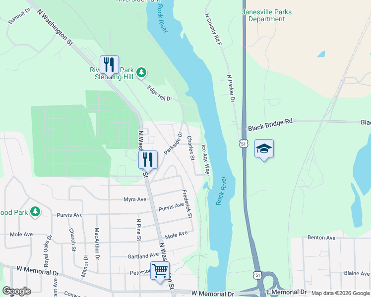 map of restaurants, bars, coffee shops, grocery stores, and more near 1122 Elgin Avenue in Janesville