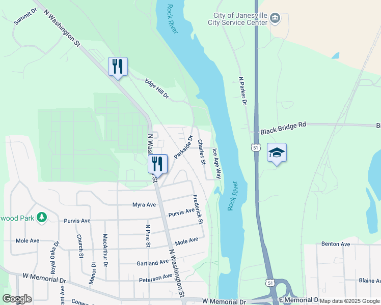 map of restaurants, bars, coffee shops, grocery stores, and more near 1225 Elgin Avenue in Janesville