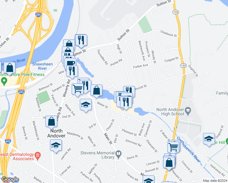 map of restaurants, bars, coffee shops, grocery stores, and more near 148 Main Street in North Andover