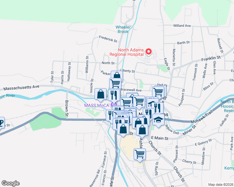 map of restaurants, bars, coffee shops, grocery stores, and more near 20 Houghton Street in North Adams