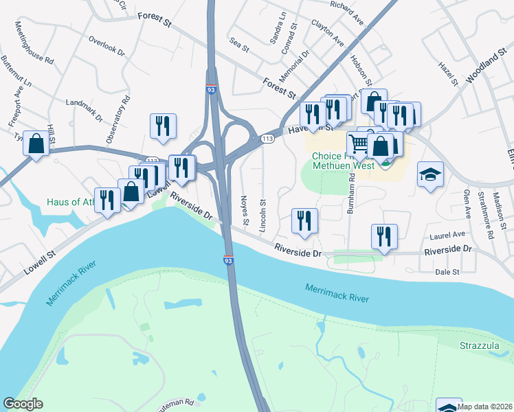map of restaurants, bars, coffee shops, grocery stores, and more near 35 Lincoln Street in Methuen