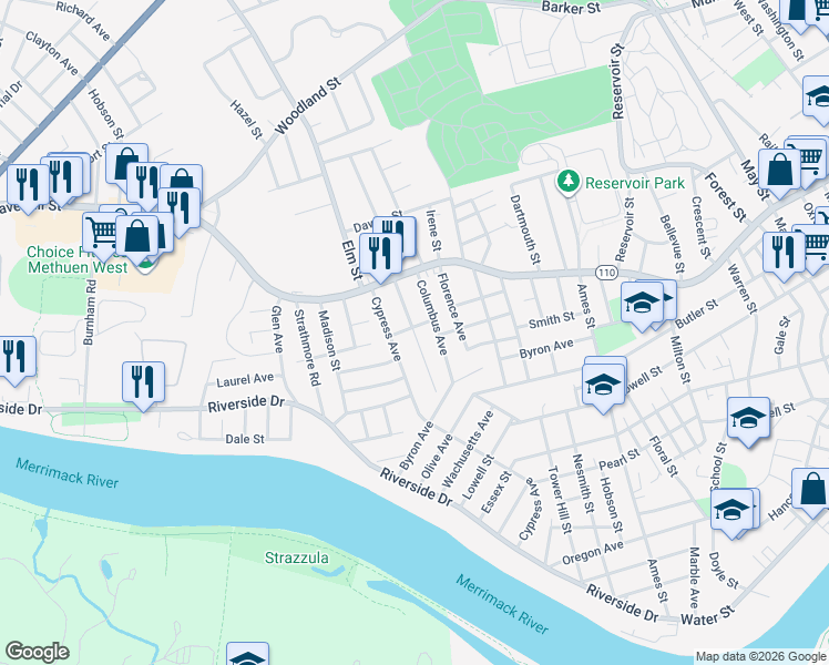 map of restaurants, bars, coffee shops, grocery stores, and more near 98 Perry Avenue in Methuen