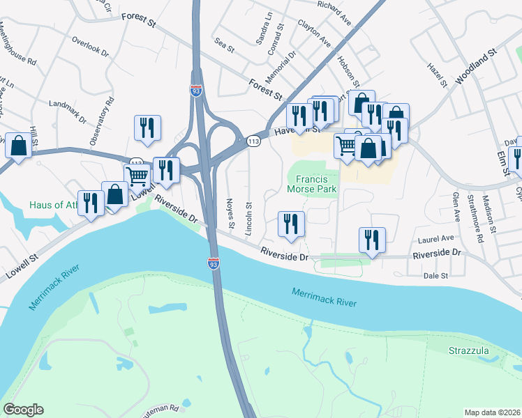 map of restaurants, bars, coffee shops, grocery stores, and more near 20 Heather Drive in Methuen