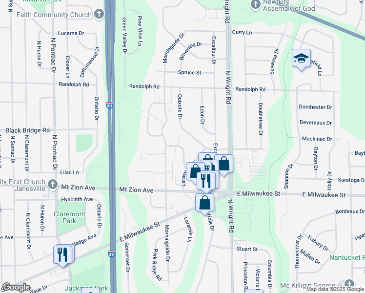 map of restaurants, bars, coffee shops, grocery stores, and more near 1516 Canyon Drive in Janesville