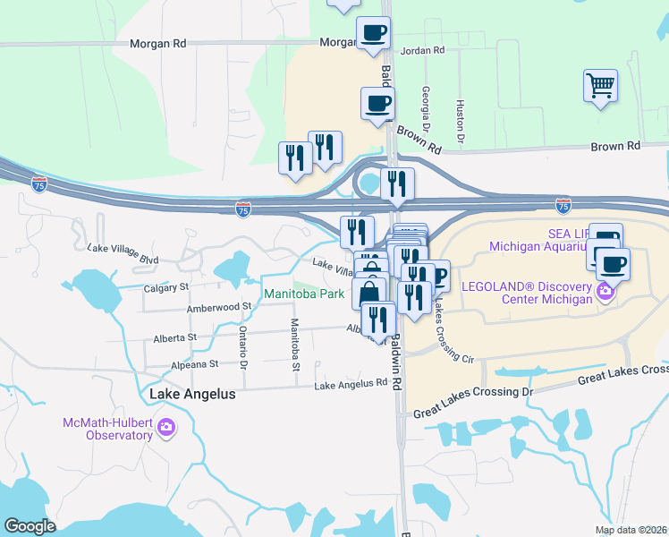map of restaurants, bars, coffee shops, grocery stores, and more near 260 Lake Village Trail in Auburn Hills