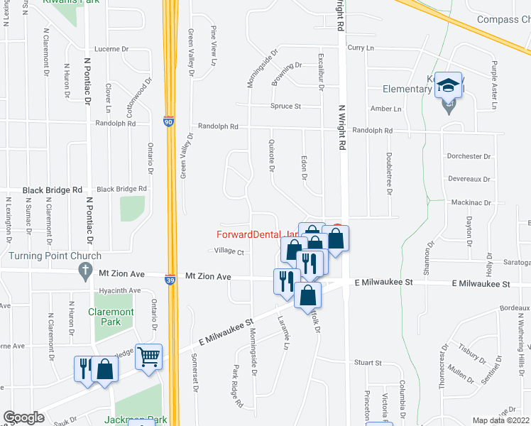 map of restaurants, bars, coffee shops, grocery stores, and more near 1522 Canyon Drive in Janesville