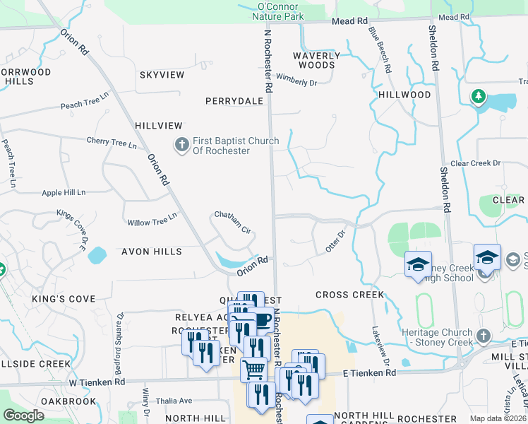 map of restaurants, bars, coffee shops, grocery stores, and more near 6400 North Rochester Road in Rochester Hills