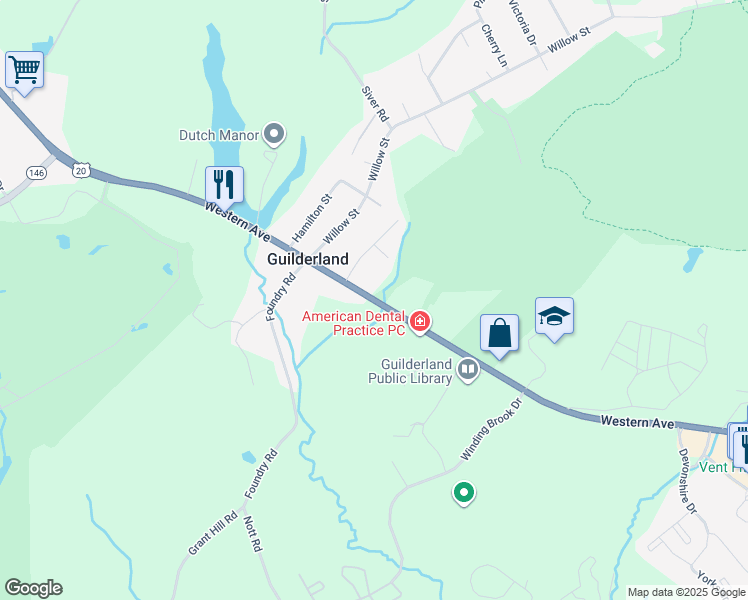 map of restaurants, bars, coffee shops, grocery stores, and more near Western Avenue in Guilderland
