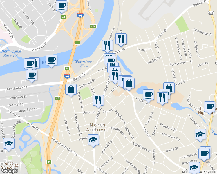 map of restaurants, bars, coffee shops, grocery stores, and more near 48 Waverly Road in North Andover