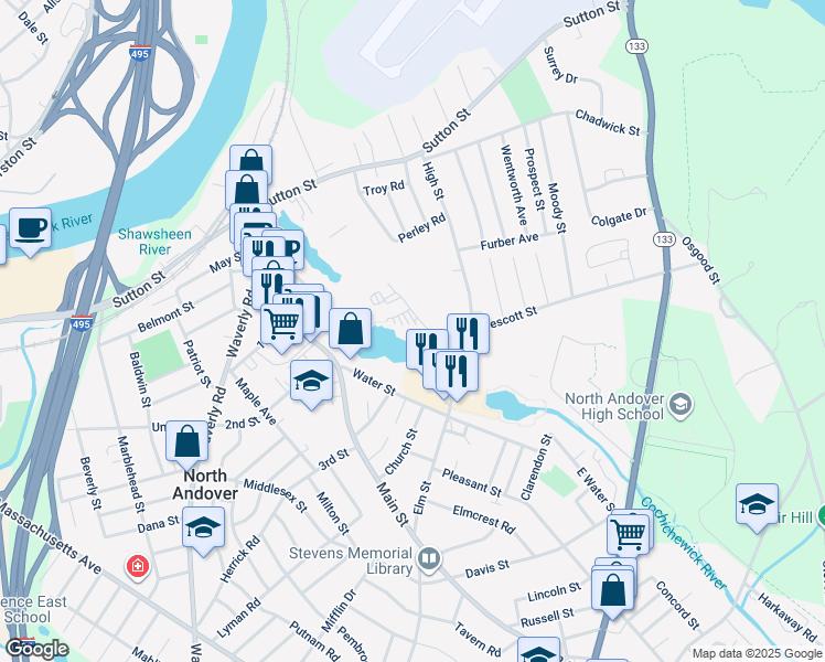 map of restaurants, bars, coffee shops, grocery stores, and more near 148 Main Street in North Andover