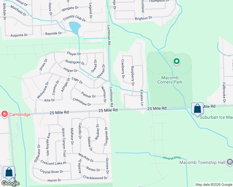 map of restaurants, bars, coffee shops, grocery stores, and more near 55173 Huckleberry Drive in Macomb