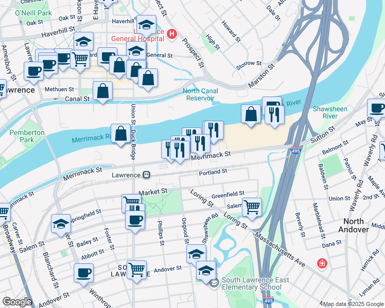 map of restaurants, bars, coffee shops, grocery stores, and more near 280 Merrimack Street in Lawrence