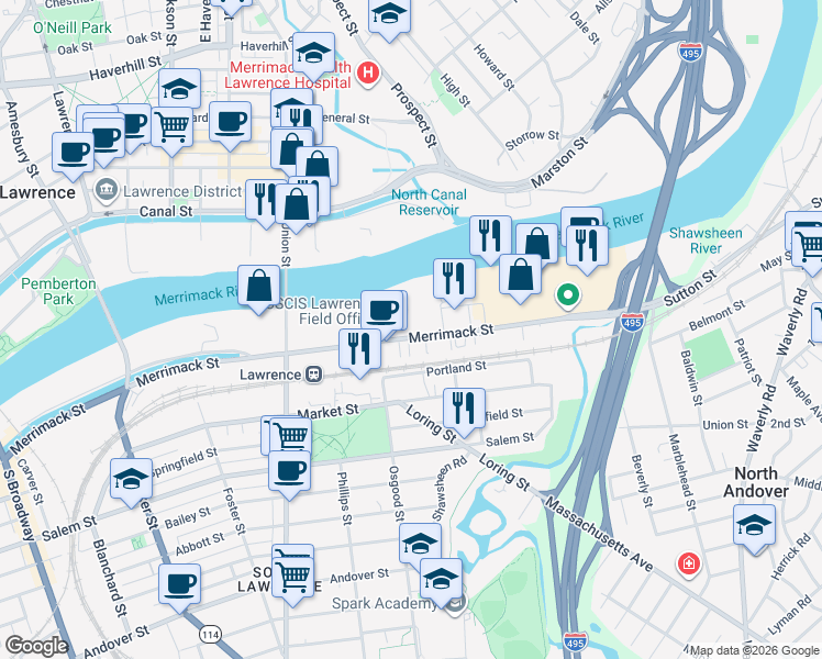map of restaurants, bars, coffee shops, grocery stores, and more near 280 Merrimack Street in Lawrence