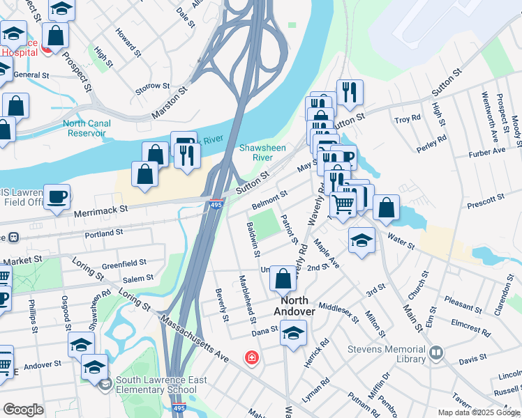 map of restaurants, bars, coffee shops, grocery stores, and more near 3 McCabe Court in North Andover
