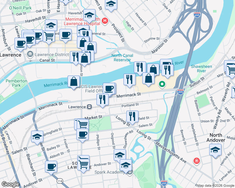 map of restaurants, bars, coffee shops, grocery stores, and more near 280 Merrimack Street in Lawrence