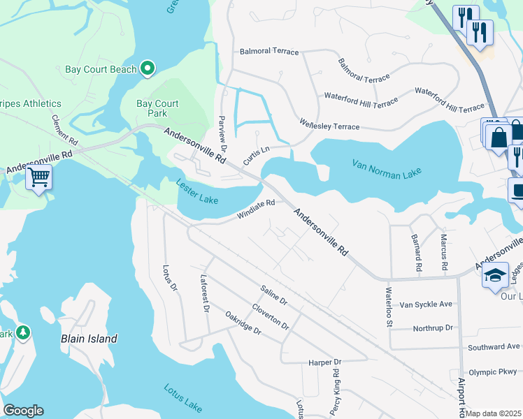 map of restaurants, bars, coffee shops, grocery stores, and more near 6521 Andersonville Road in Clarkston