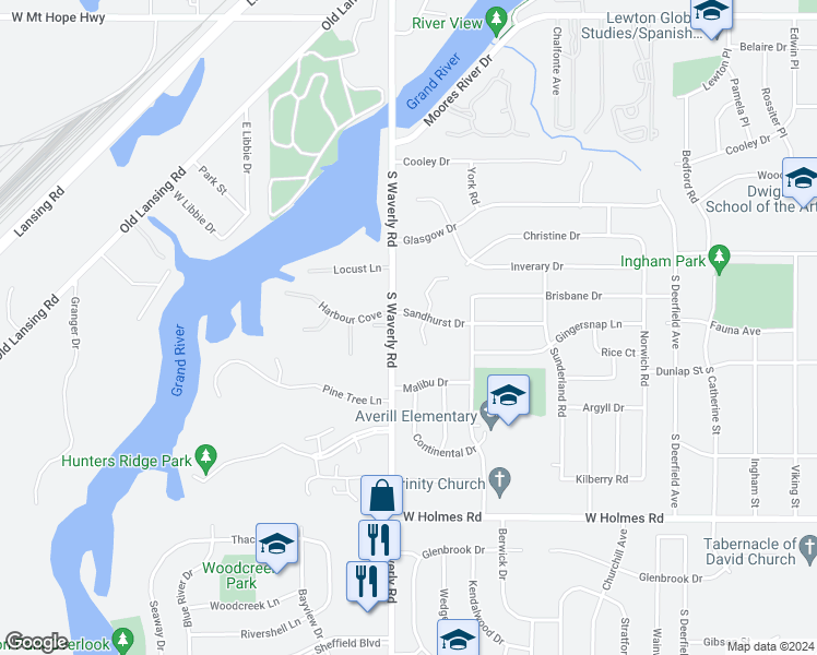 map of restaurants, bars, coffee shops, grocery stores, and more near 3811 Sandhurst Drive in Lansing