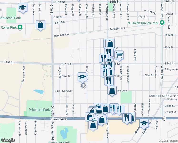 map of restaurants, bars, coffee shops, grocery stores, and more near 2117 Kentucky Street in Racine