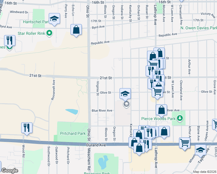 map of restaurants, bars, coffee shops, grocery stores, and more near 2116 Oregon Street in Racine