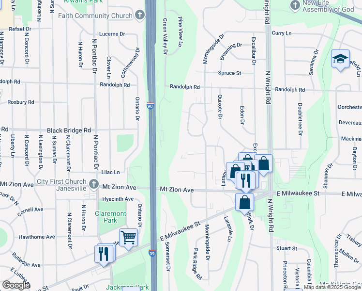 map of restaurants, bars, coffee shops, grocery stores, and more near 1629 Green Forest Run in Janesville