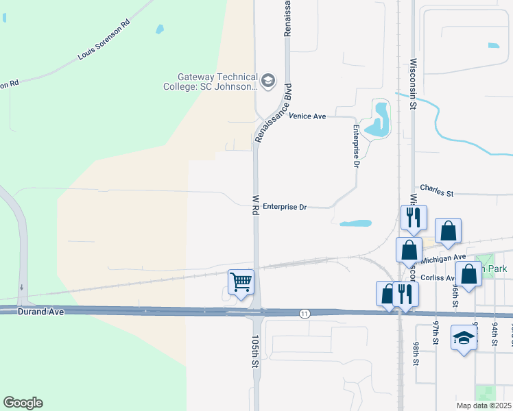 map of restaurants, bars, coffee shops, grocery stores, and more near North Sturtevant Road in Whitewater