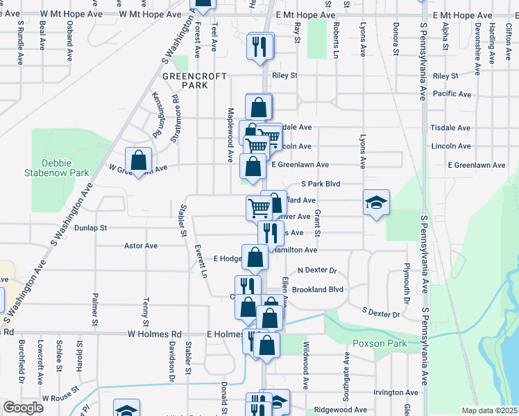 map of restaurants, bars, coffee shops, grocery stores, and more near 400 East Willard Avenue in Lansing