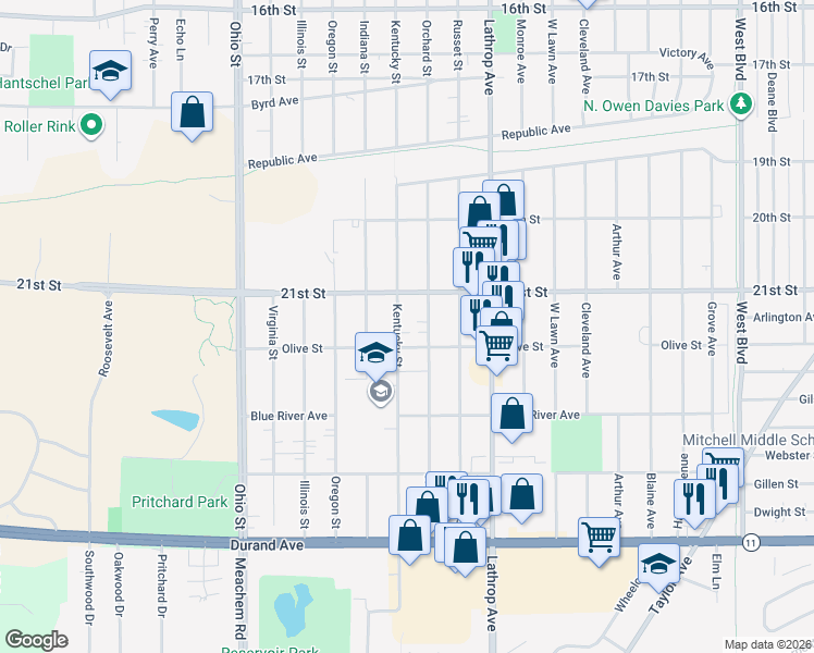 map of restaurants, bars, coffee shops, grocery stores, and more near 2117 Kentucky Street in Racine