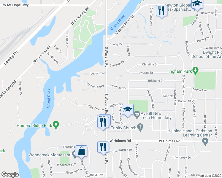 map of restaurants, bars, coffee shops, grocery stores, and more near 3811 Sandhurst Drive in Lansing